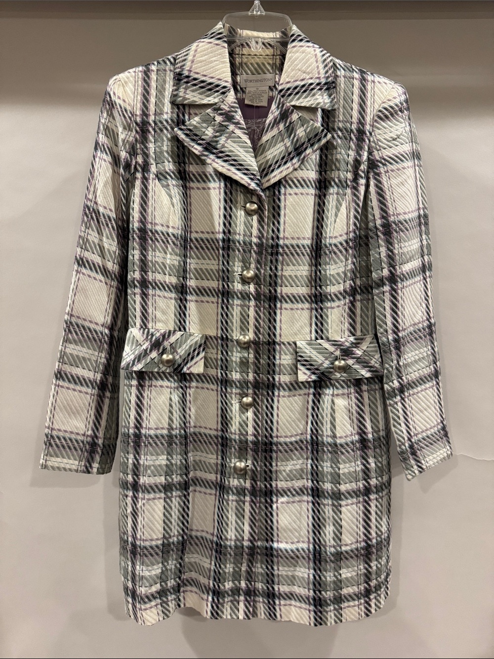 Worthington Plaid Longline Pea Coat in Ivory, Gray, Purple, Blue, and Black